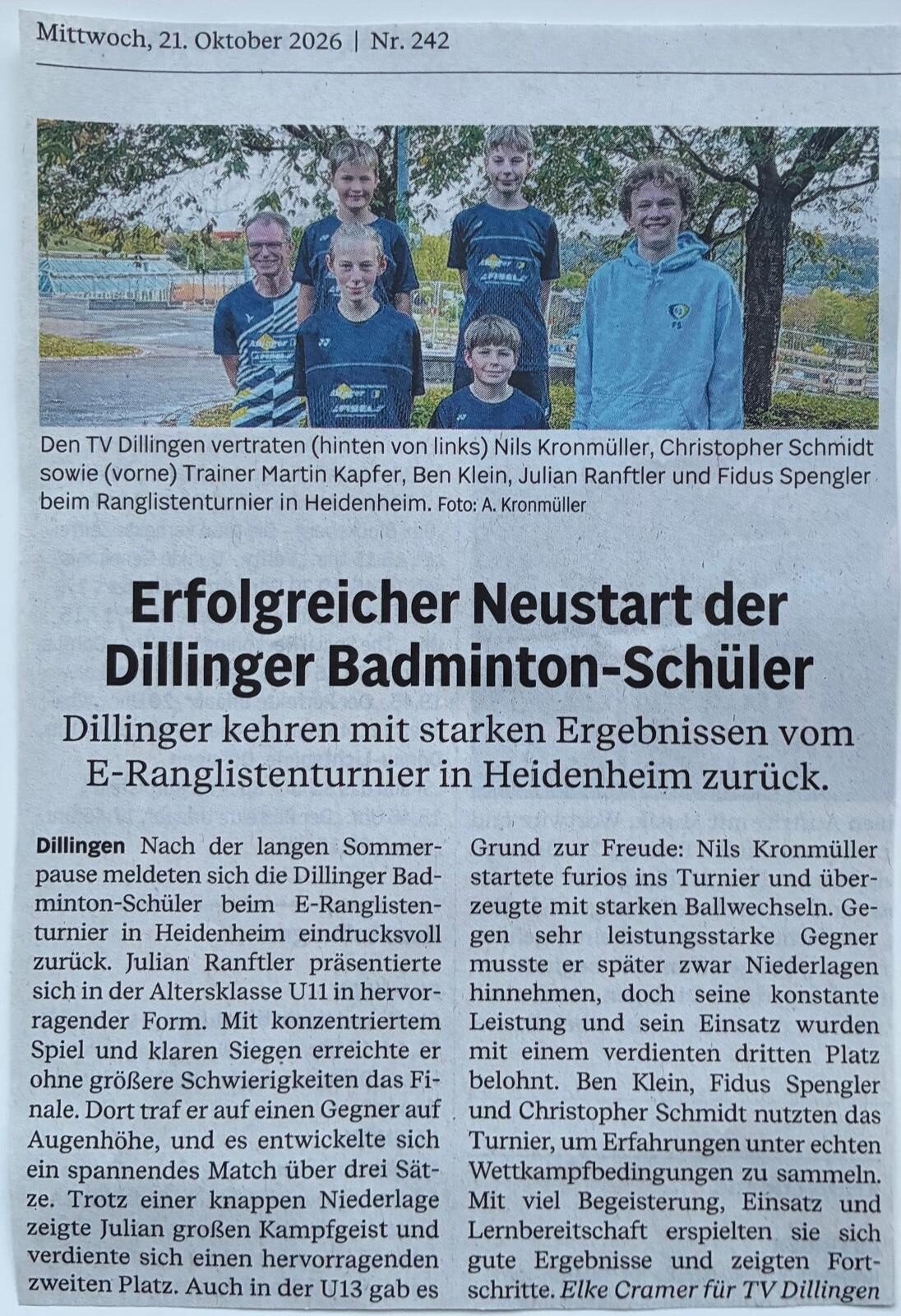 Erfolgreicher Neustart der Dillinger Badminton-Schüler